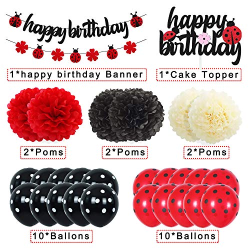 Ohiviaaa Ladybug Birthday Decorations Ladybird Happy Birthday Banner Ladybeetle Cake Topper Black Red Latex Balloon Pom Pom Flowers for Ladybug Theme Bday Party Supplies