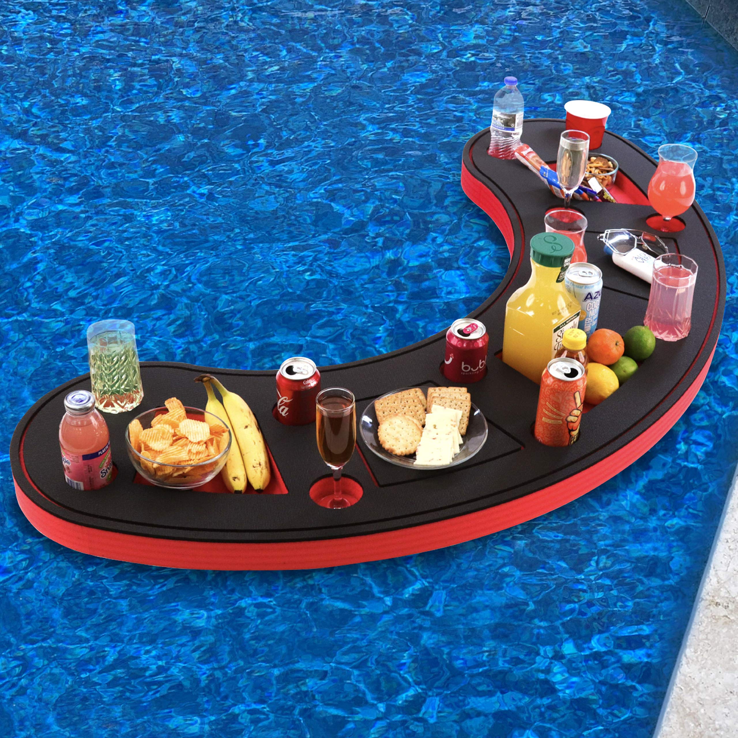 Polar Whale Giant Red and Black Floating Bar Table Tray Bartender Drink Holder for Pool or Beach Party Float Lounge Refreshment Durable UV Resistant Foam 15 Compartment with Cup Holders 5 Feet Long