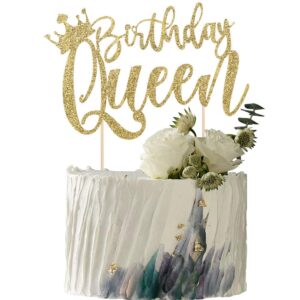 yuinyo handmade glitter queen birthday cake topper, happy birthday cake bunting decor, birthday party decoration supplies (gold)