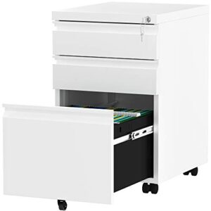 yitahome 3-drawer mobile file cabinet with lock, office storage filing cabinet for legal/letter size, pre-assembled metal file cabinet except wheels under desk-white