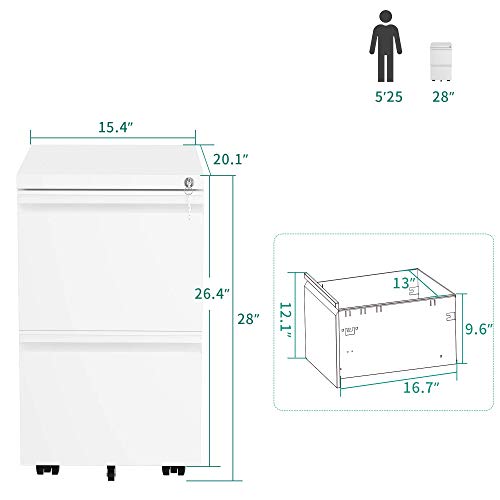 YITAHOME 2-Drawer Vertical File Cabinet with Lock, 20” Deep Mobile Metal Filing Cabinet for Legal/Letter Size, 20” Height Pre-Built Office Storage File Cabinet Except Wheels Under Desk - White