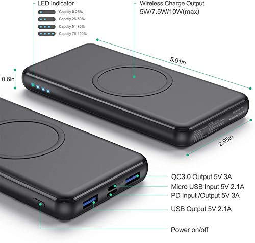 Ekrist Wireless Portable Charger Power Bank, PD 26800mAh Quick Cell Phone Wireless Charging, 2 Input+4 Output QC3.0 External Power Delivery USB-C Battery Pack Compatible with iPhone 12/11, Samsung