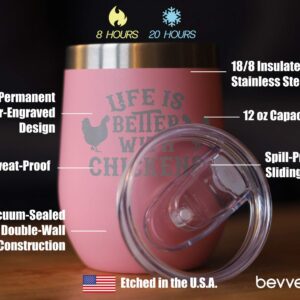 Life is Better with Chickens - Chicken Wine Tumbler with Sliding Lid - Stemless Stainless Steel Insulated Cup - Funny Outdoor Camping Mug - Pink