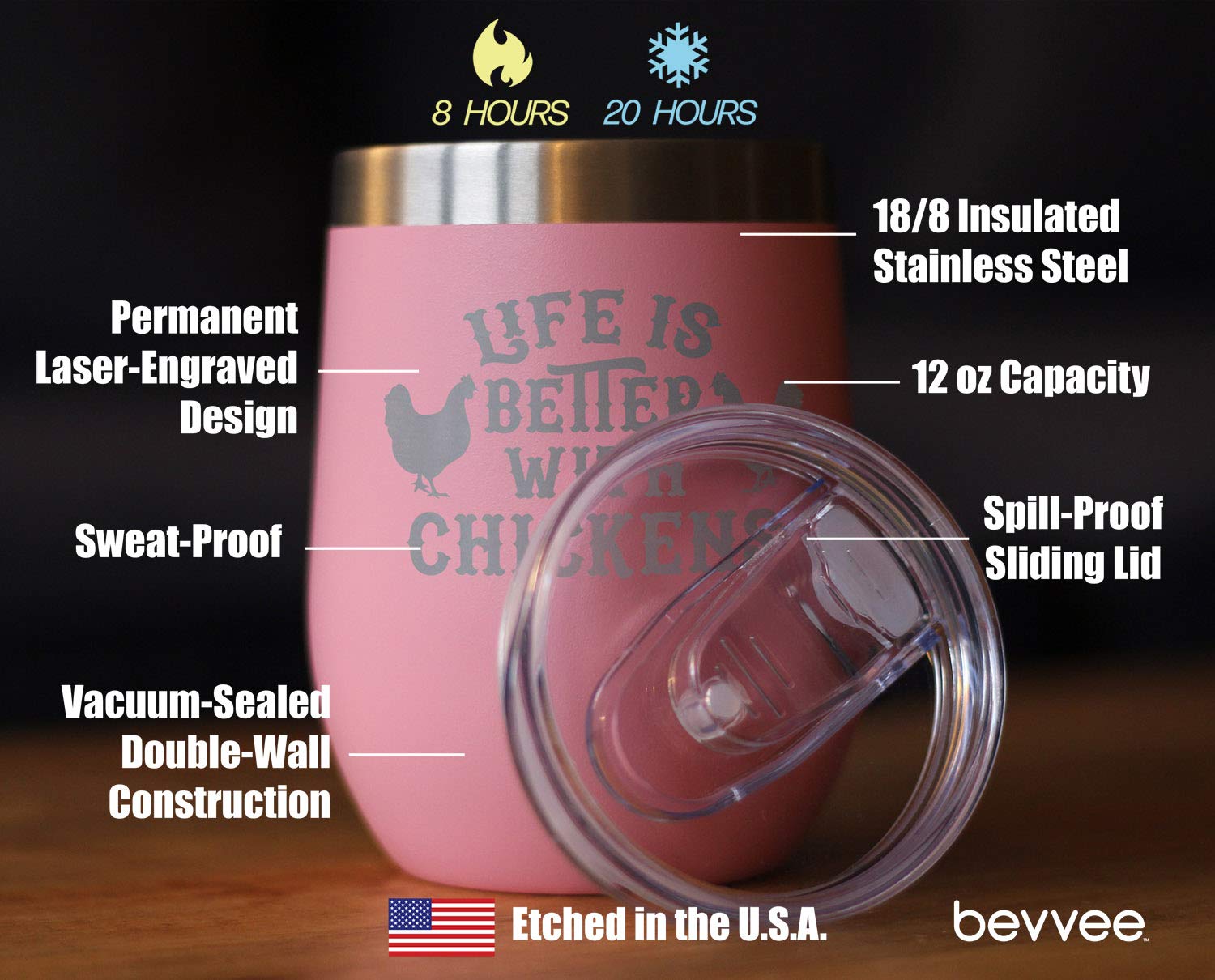 Life is Better with Chickens - Chicken Wine Tumbler with Sliding Lid - Stemless Stainless Steel Insulated Cup - Funny Outdoor Camping Mug - Pink