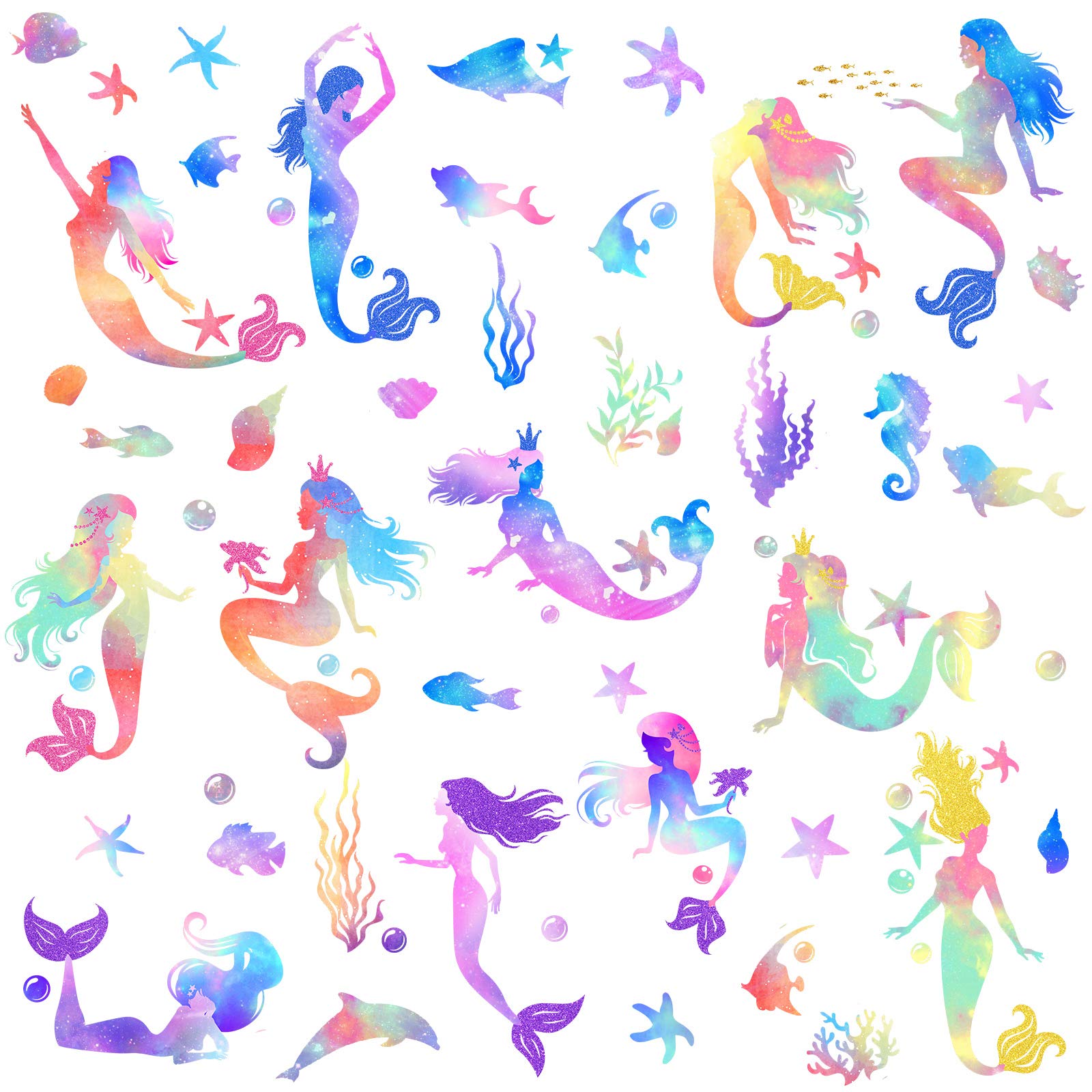 4 Sheets Mermaid Wall Decals Mermaid Wall Stickers Colorful Gouache Mermaid Decal for Girls Kids Bedroom Nursery Classroom Birthday Party Peel and Stick Wall Decals