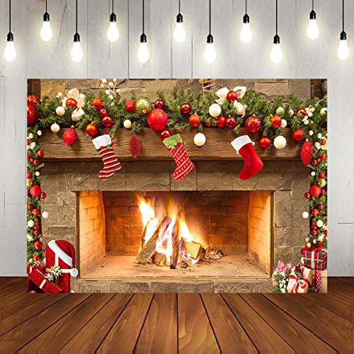 Mocsicka Christmas Fireplace Theme Backdrop for Photography Xmas Tree Sock Gift Family Party Decorations Wallpaper Winter Christmas Birthday Holiday Banner Studio Booth (7x5ft)