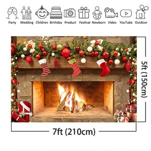 Mocsicka Christmas Fireplace Theme Backdrop for Photography Xmas Tree Sock Gift Family Party Decorations Wallpaper Winter Christmas Birthday Holiday Banner Studio Booth (7x5ft)