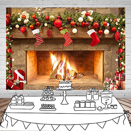 Mocsicka Christmas Fireplace Theme Backdrop for Photography Xmas Tree Sock Gift Family Party Decorations Wallpaper Winter Christmas Birthday Holiday Banner Studio Booth (7x5ft)