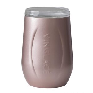 vinglacé stainless steel stemless wine glass- insulated wine tumbler with glass insert and sip lid, 10 oz, rose gold