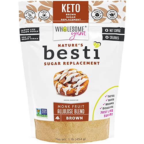 Wholesome Yum Besti Natural Brown Sugar Substitute - Brown Monk Fruit Sweetener Blend With Allulose (No Erythritol) - Keto, Non GMO, Zero Carb, Zero Calorie, Sugar Free, No Aftertaste (1 lb)