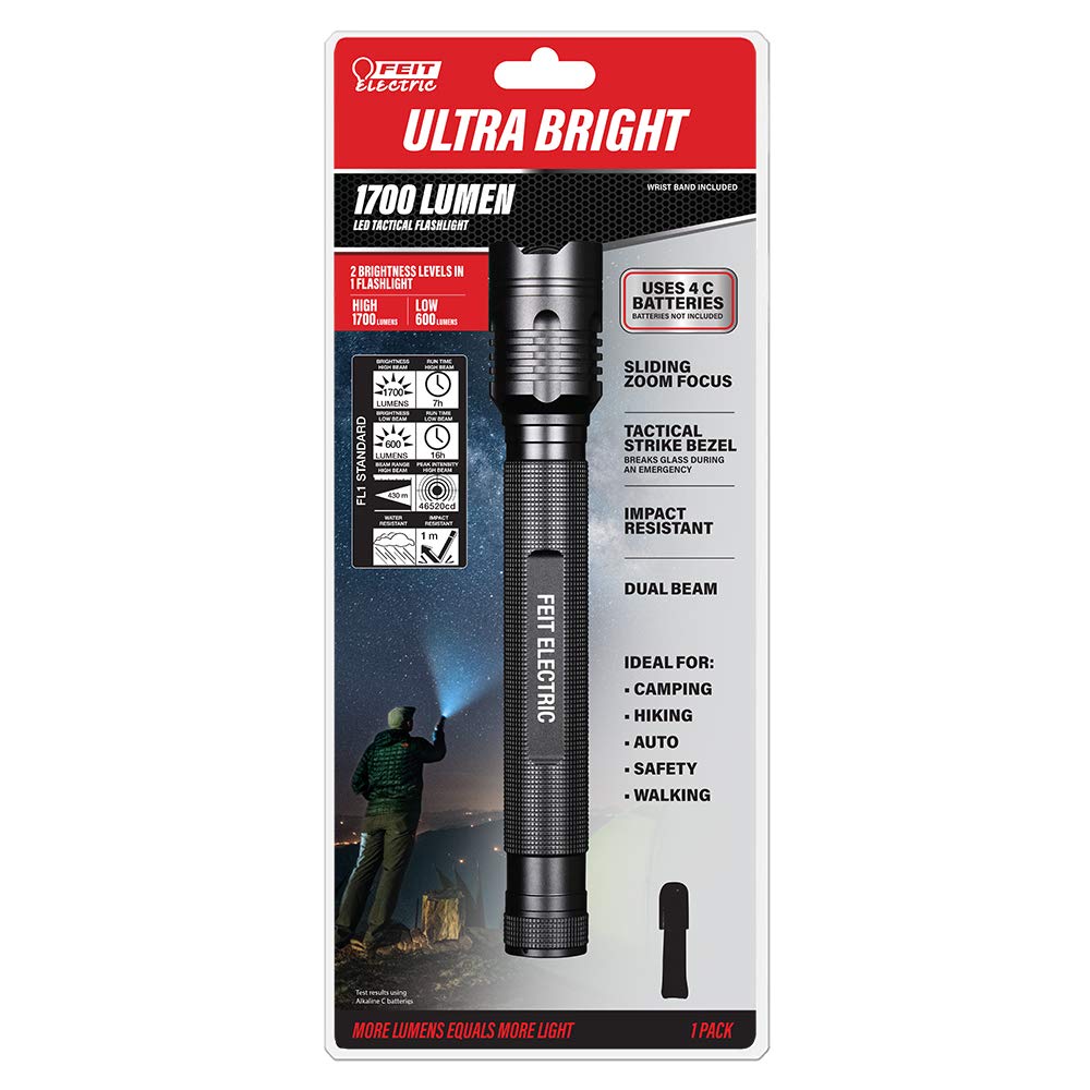 Feit Electric LED Tactical Flashlight - Aluminum Alloy - Zoomable Strike Bezel; Illuminate up to 1,000 feet - Adjustable Brightness 600 to 1700 Lumen | Requires 4-C Batteries