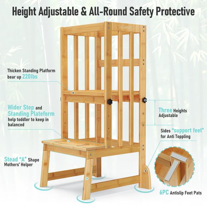 DORPU Toddler Tower, Adjustable Height Toddler Step Stool with CPC Certification, Safety Rail & Anti-tip Feet & Non-Slip Tapes Vertical Guardrail Toddler Stool for Kitchen, Natural Bamboo