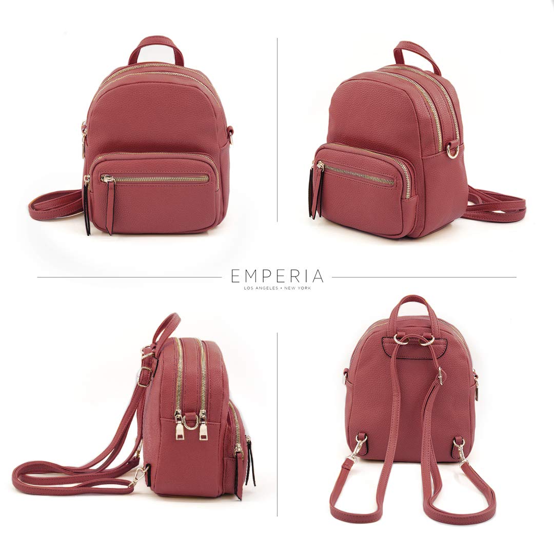 Emperia Klara Small Faux Leather Mini Backpack Casual Daypack 3 Way Carry Lightweight Rucksack Convertible for Women Red