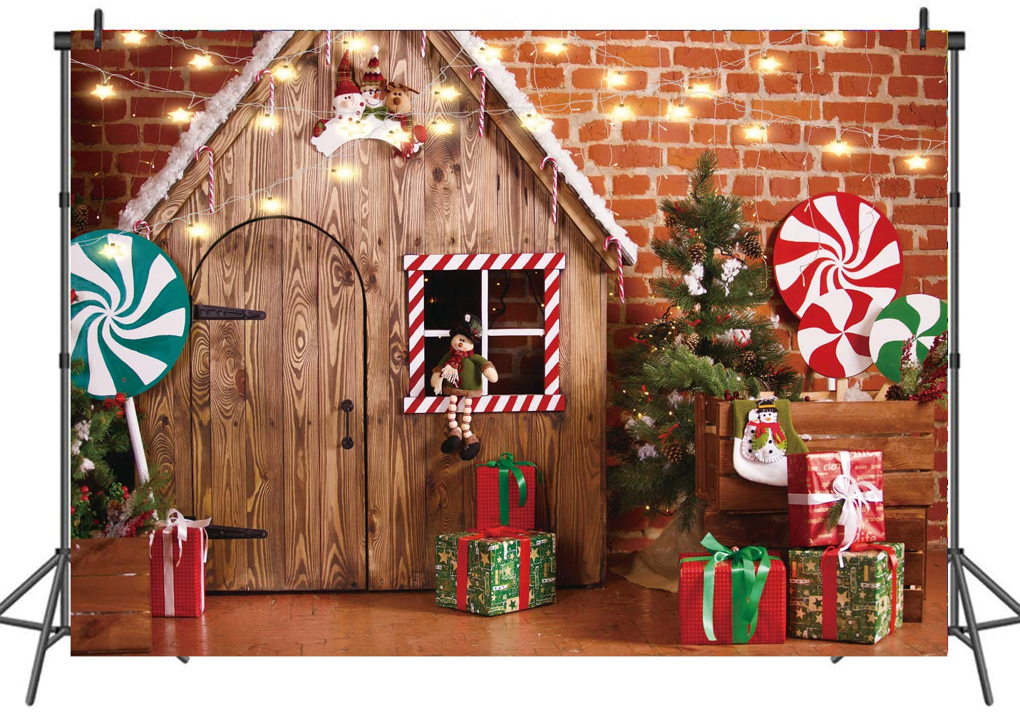 LTLYH 7X5ft Christmas Photo Backdrop Christmas Wooden House Candy Tree Photoshoot Background for Kids Portrait Photo Studio Booth Photographer Props Backdrop 119