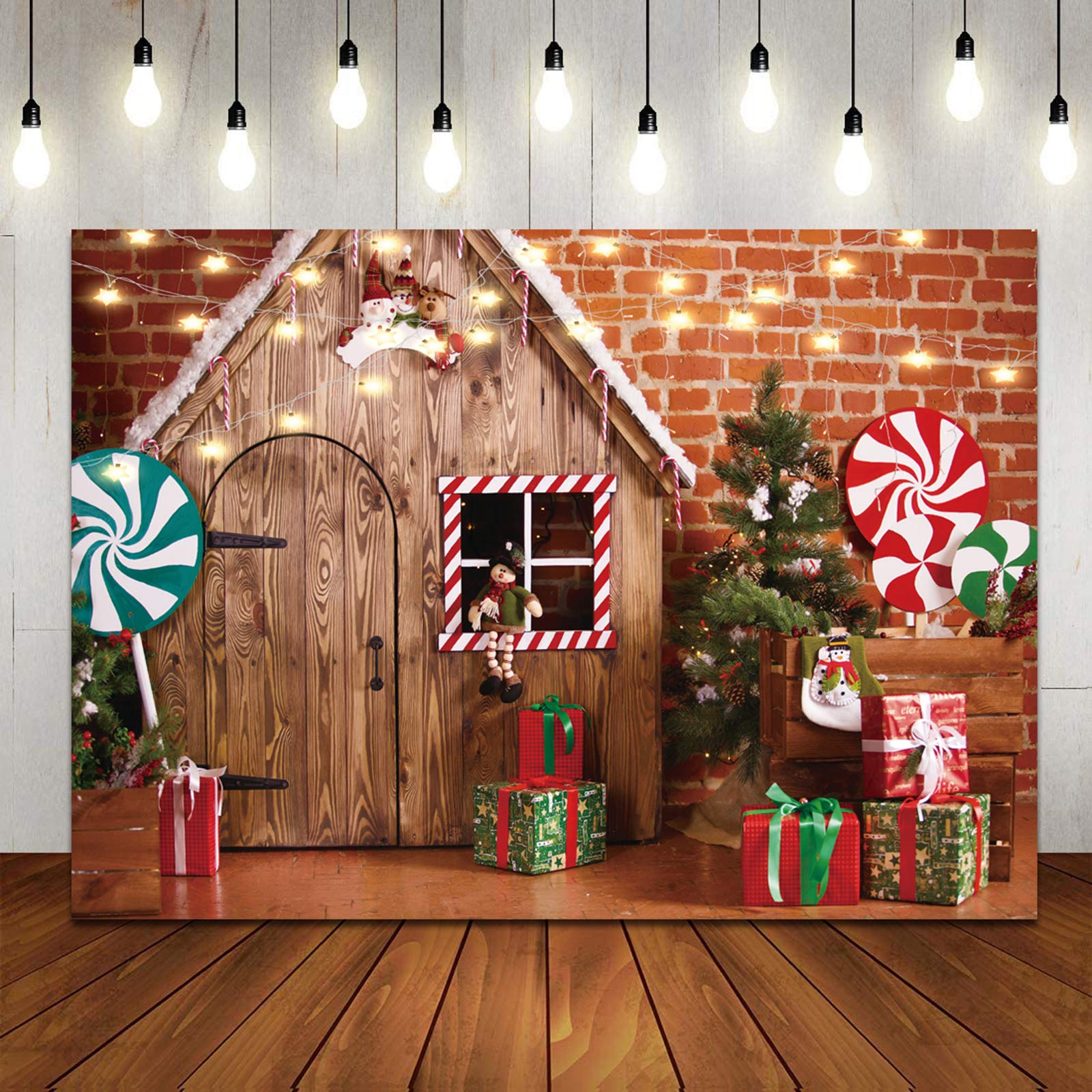 LTLYH 7X5ft Christmas Photo Backdrop Christmas Wooden House Candy Tree Photoshoot Background for Kids Portrait Photo Studio Booth Photographer Props Backdrop 119