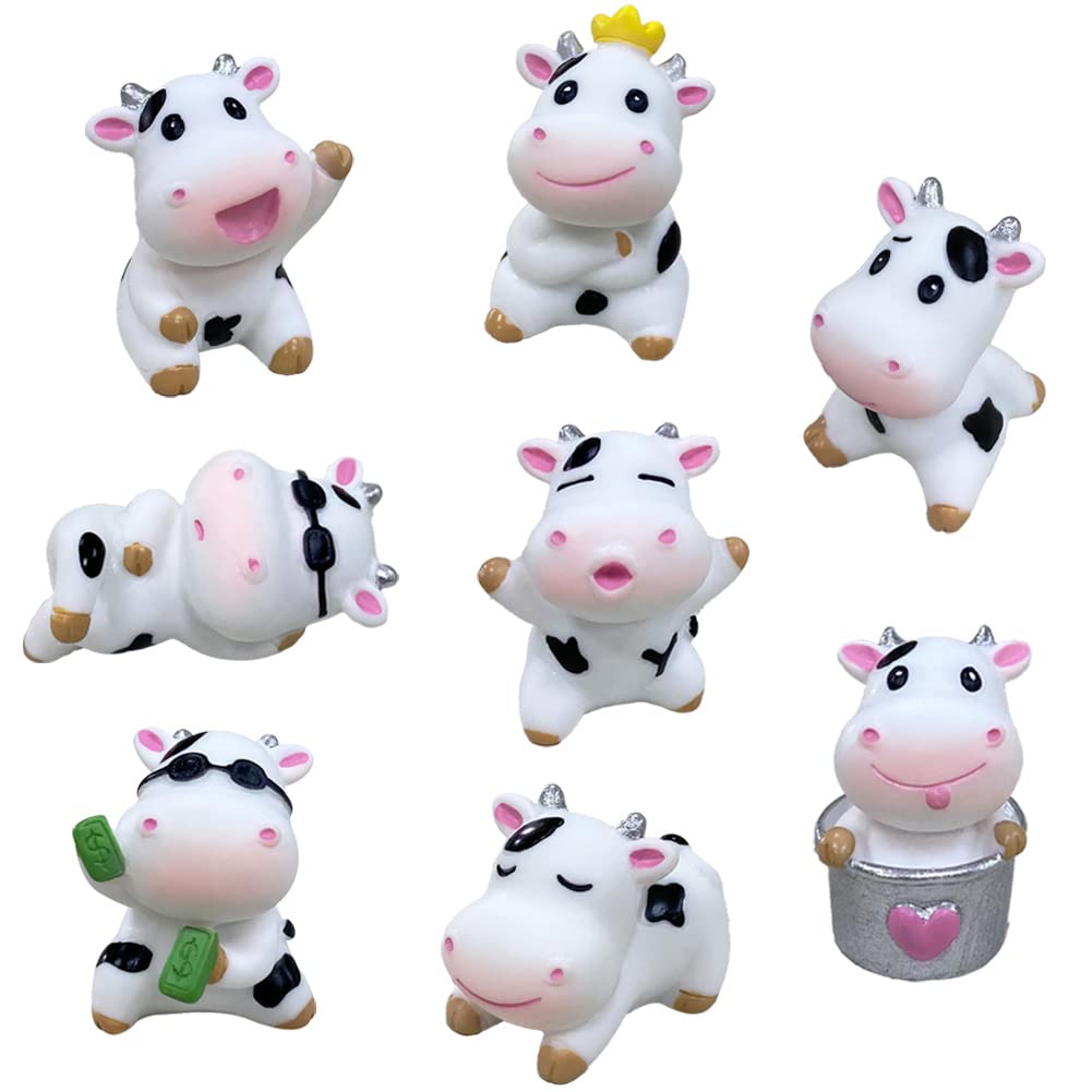 MAOMIA 8 Pcs Cow Figures for Kids, Animal Toys Set Cake Toppers, Cow Fairy Garden Miniature Figurines Collection Playset for Christmas Birthday Gift Desk Decoration