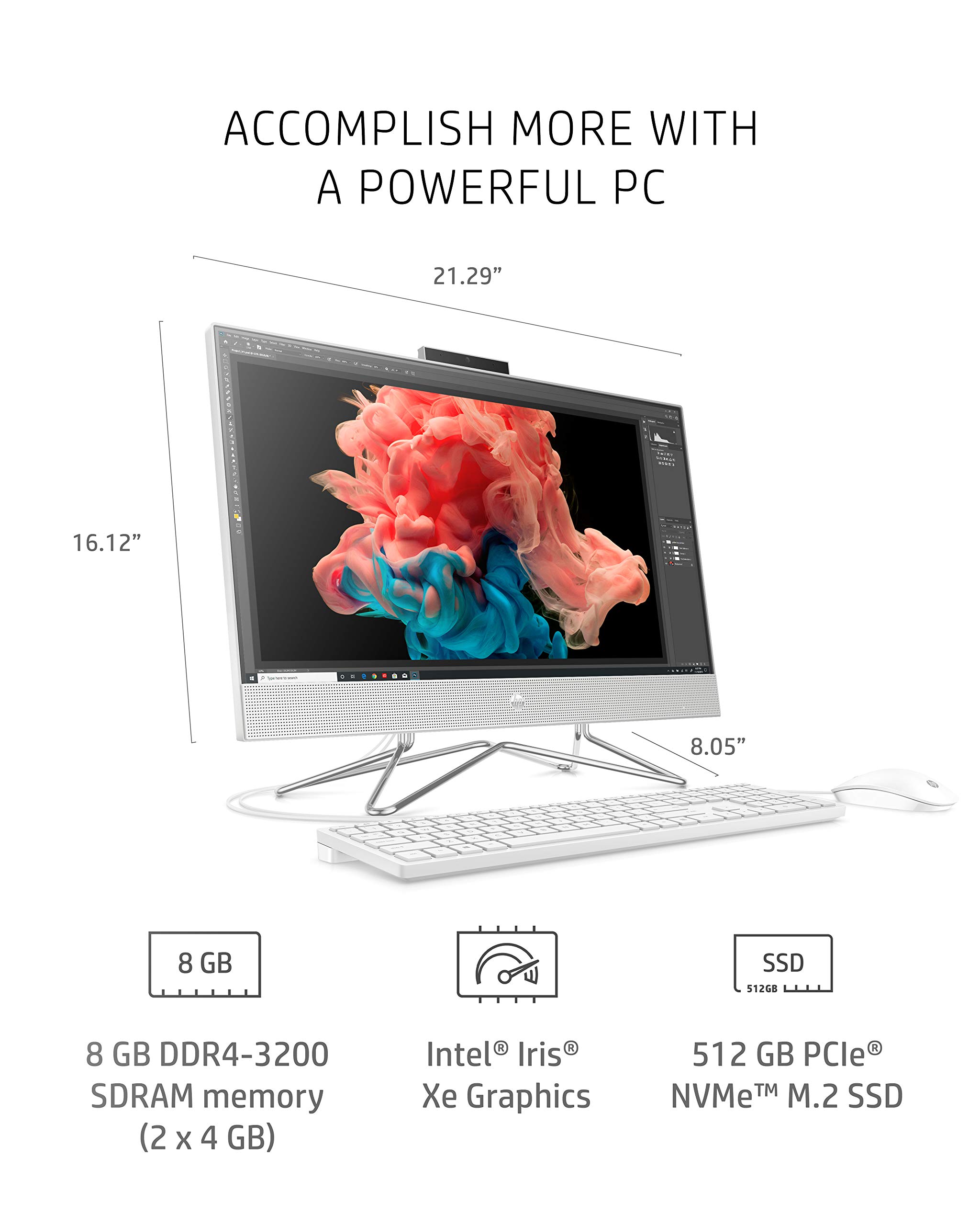 HP All-in-One Desktop PC, 11th Gen Intel Core i5-1135G7 Processor, 8 GB RAM, 512 GB SSD Storage, Full HD 23.8” Touchscreen, Windows 10 Home, Remote Work Ready, Mouse and Keyboard (24-df1270, 2021)