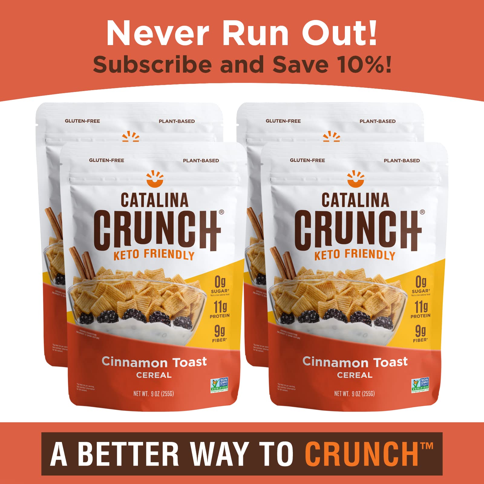 Catalina Crunch Cinnamon Toast Cereal 4 Pack | Low Carb, Sugar Free, Gluten Free | Keto Snacks, Vegan, Plant Based Protein