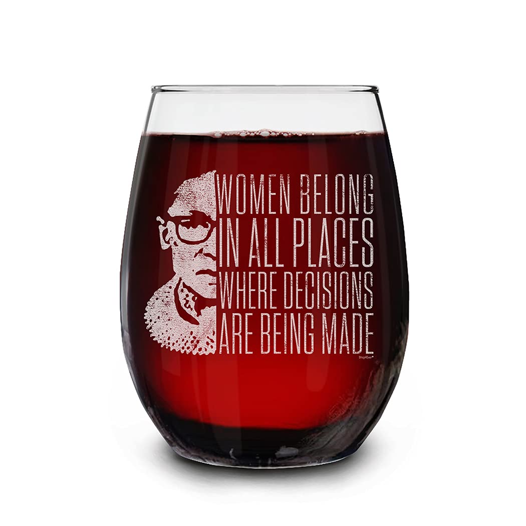 shop4ever Women Belong In All Places Where Decisions Are Being Made Engraved Stemless Wine Glass Ruth Bader Ginsburg RBG Wine Glass