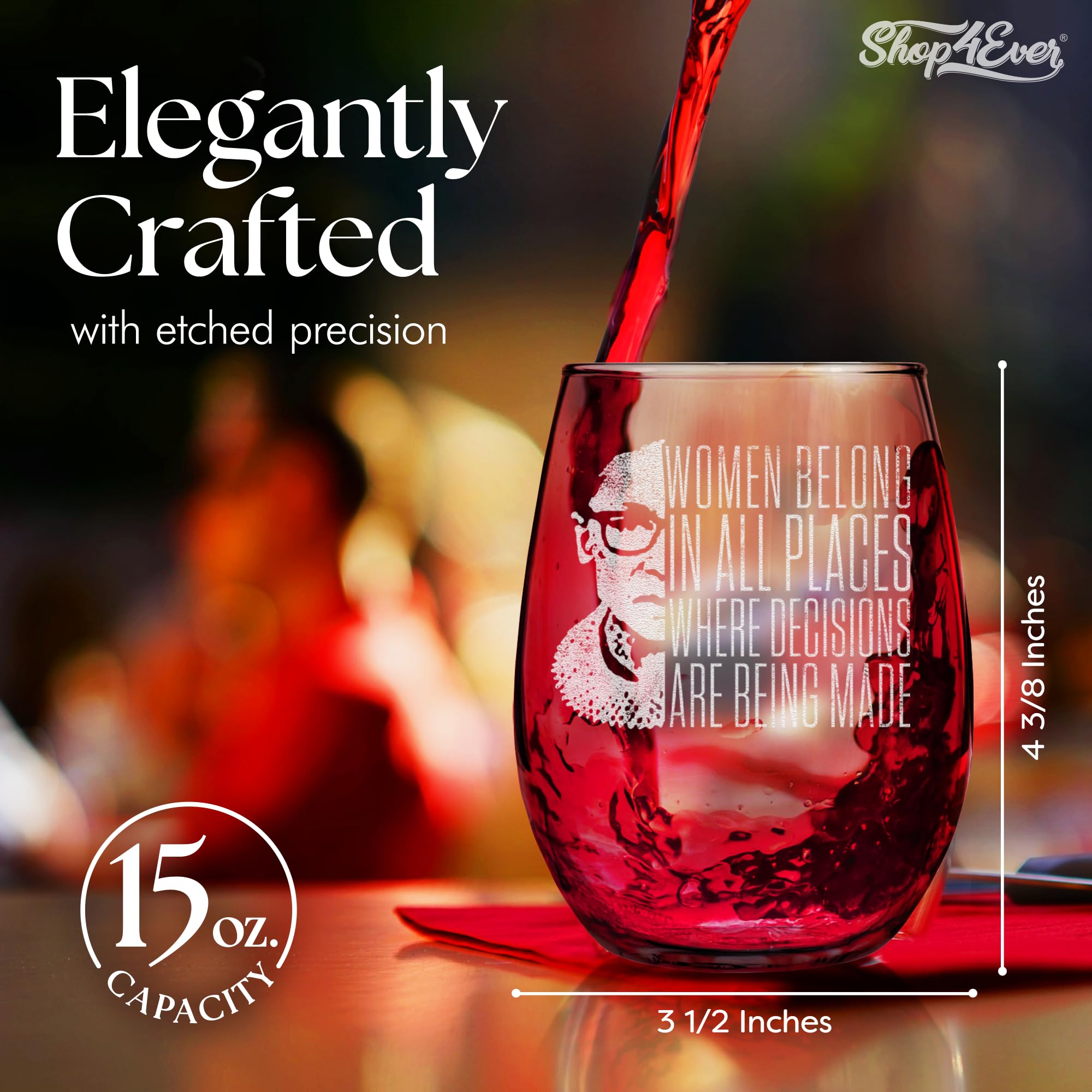 shop4ever Women Belong In All Places Where Decisions Are Being Made Engraved Stemless Wine Glass Ruth Bader Ginsburg RBG Wine Glass