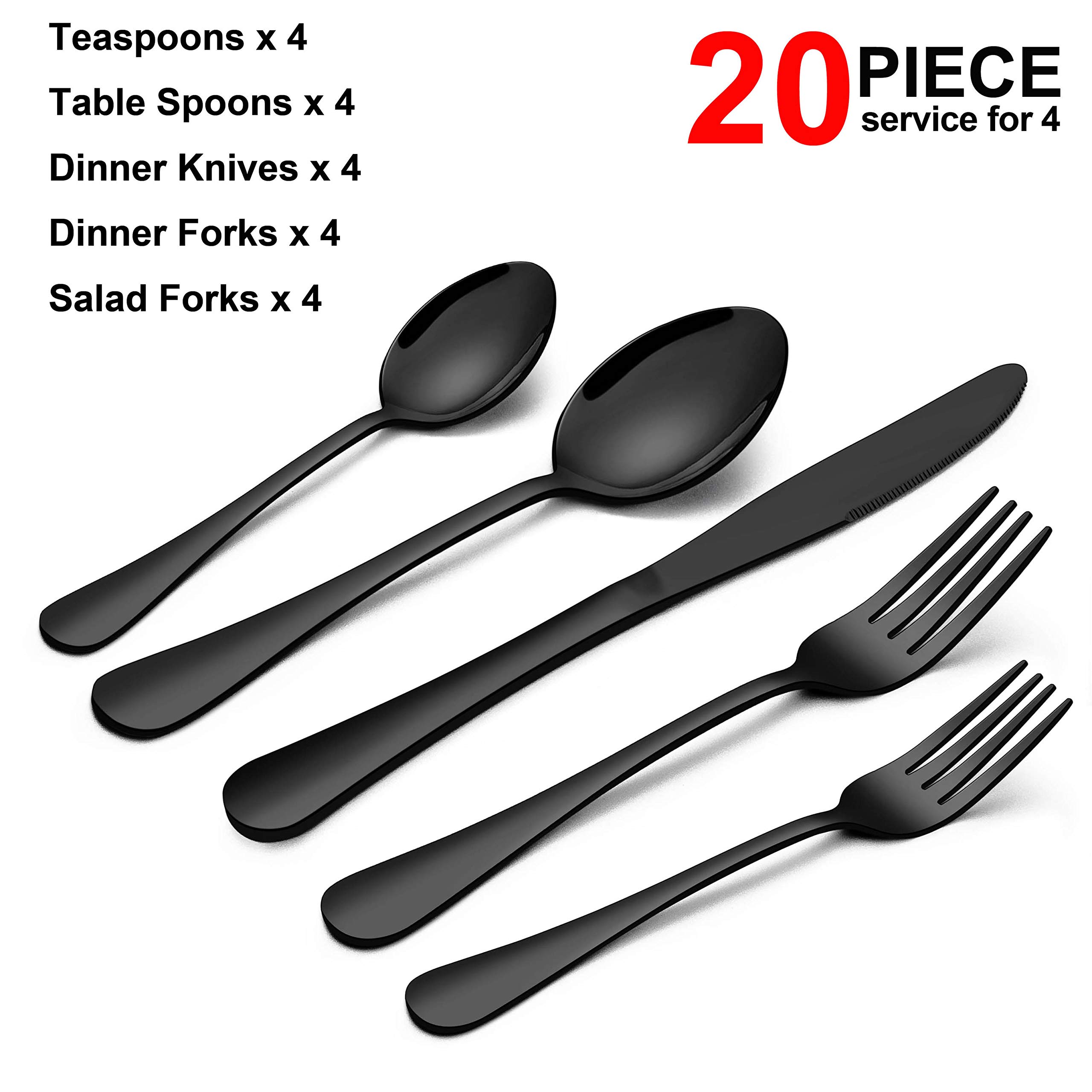 Homikit 20-Piece Black Silverware Flatware Set for 4, Stainless Steel Eating Utensils Cutlery Includes Knives/Spoons/Forks, Tableware for Home Restaurant Party, Shiny Mirror Polished, Dishwasher Safe