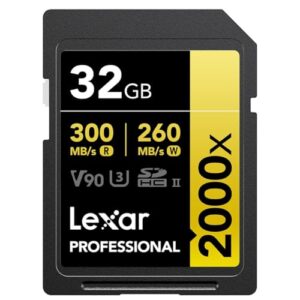 lexar 32gb professional 2000x sdhc memory card, uhs-ii, c10, u3, v90, full-hd & 8k video, up to 300mb/s read, for dslr, cinema-quality video cameras (lsd2000032g-bnnnu)