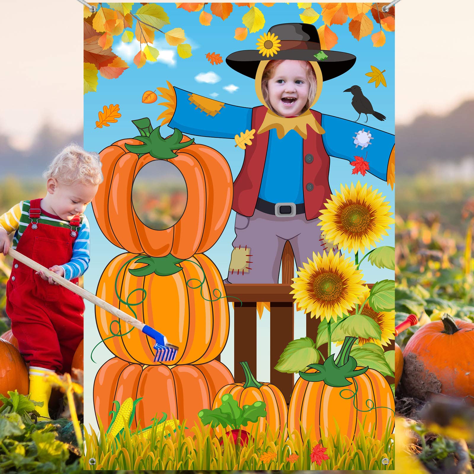 Blulu Thanksgiving Photography Backdrop Pumpkin Photo Background Fall Harvest Decoration Large Scarecrow Background Autumn Party Supplies with 6 m Rope, 59 x 39.4 Inch