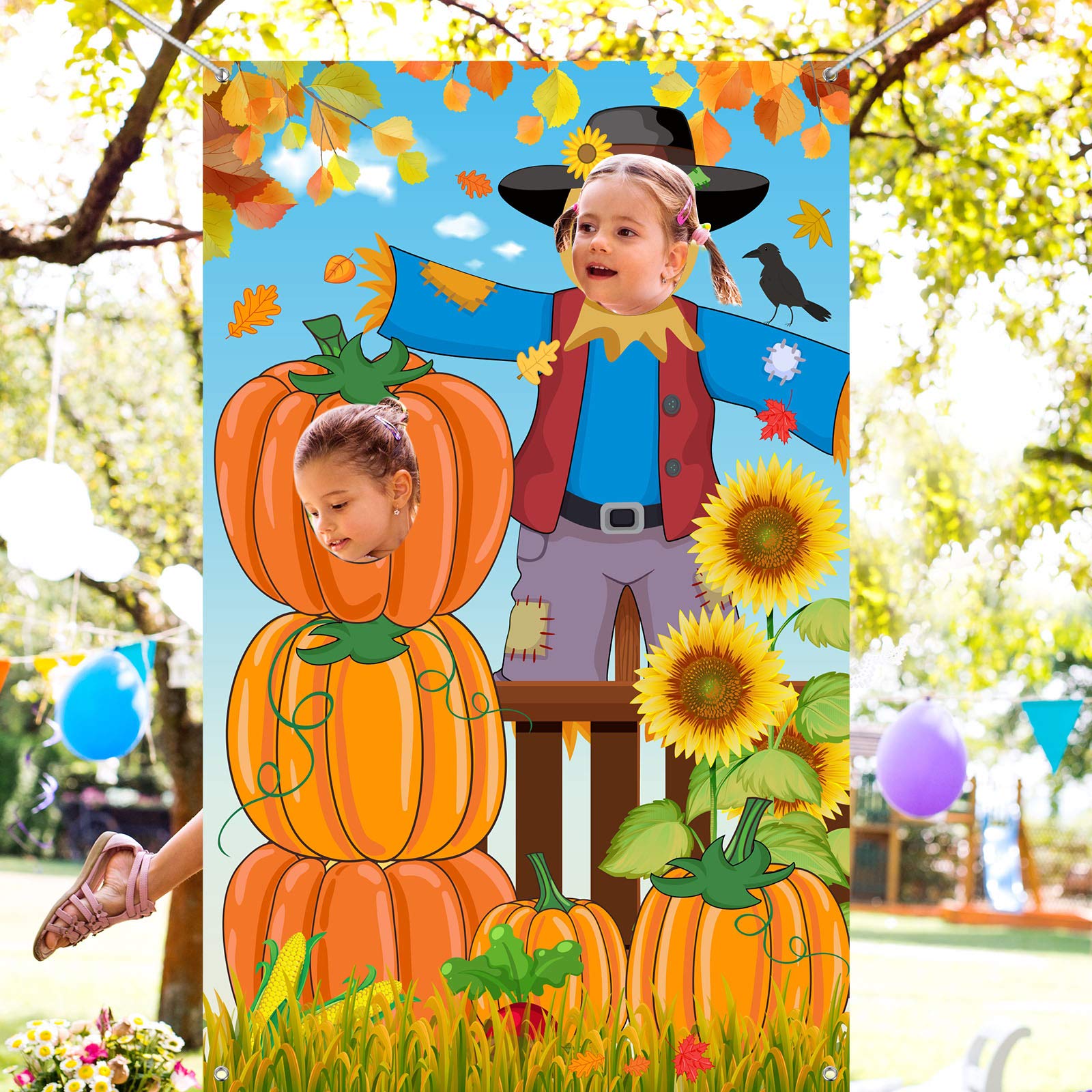 Blulu Thanksgiving Photography Backdrop Pumpkin Photo Background Fall Harvest Decoration Large Scarecrow Background Autumn Party Supplies with 6 m Rope, 59 x 39.4 Inch