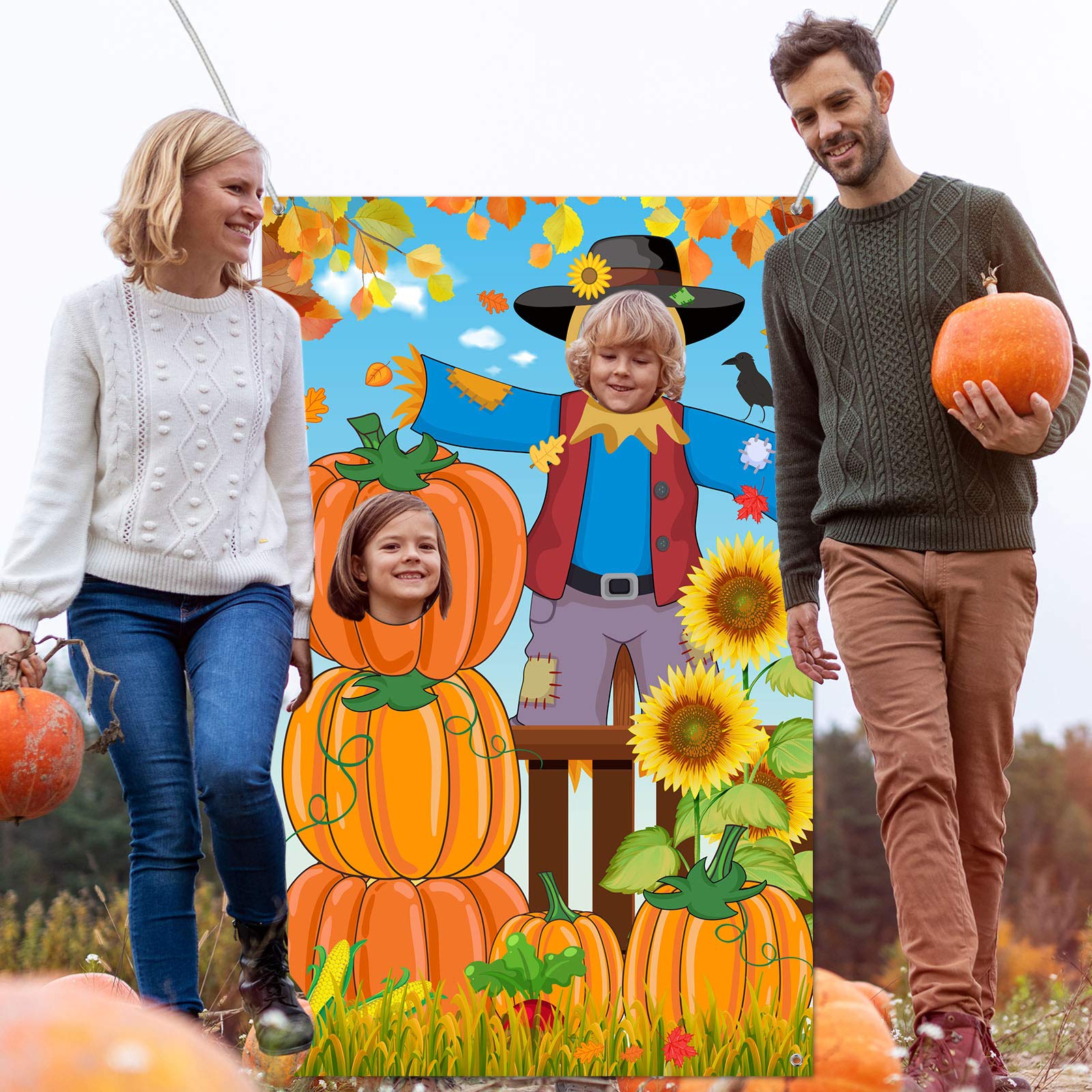 Blulu Thanksgiving Photography Backdrop Pumpkin Photo Background Fall Harvest Decoration Large Scarecrow Background Autumn Party Supplies with 6 m Rope, 59 x 39.4 Inch