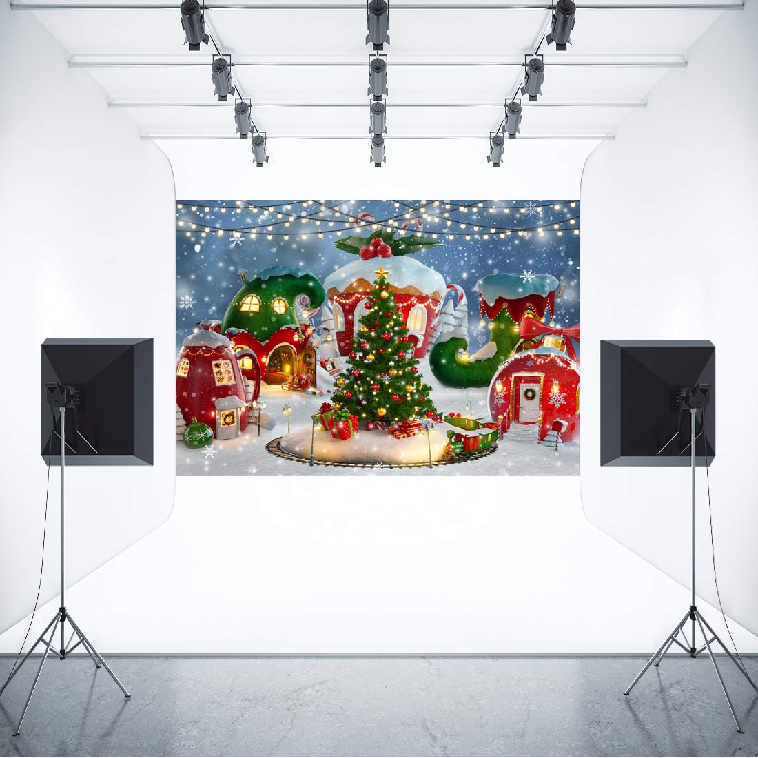 Aperturee 7x5ft Christmas Candy House Photography Backdrop Whoville Decoration Winter Snow Pine Tree Xmas Tree Snowflake Lollipop Background Newborn Baby Shower Photo Studio Booth Prop Banner