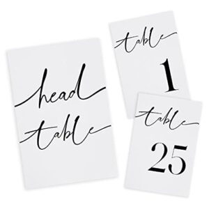 26 pieces table numbers for wedding reception, table number 1-25 with head table card, double sided contemporary table number design, 4x6" wedding table numbers, matte lamination table number cards