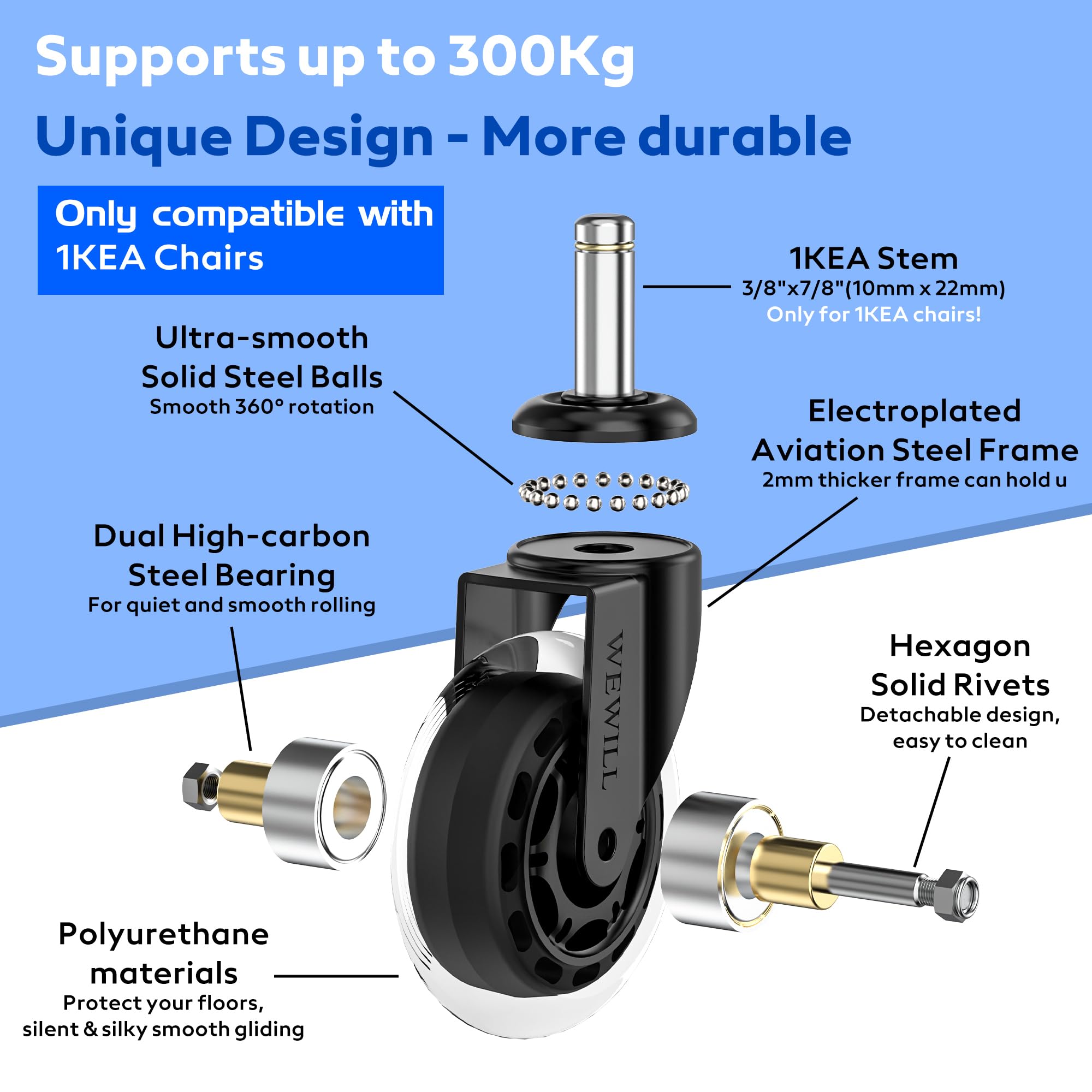 WEWILL Office Chair Caster Wheels 3" Rubber Replacement Chair Casters Up to 300KG Load Capacity Best Protection for Your Hardwood Floors and Carpet（10MM*22MM)）