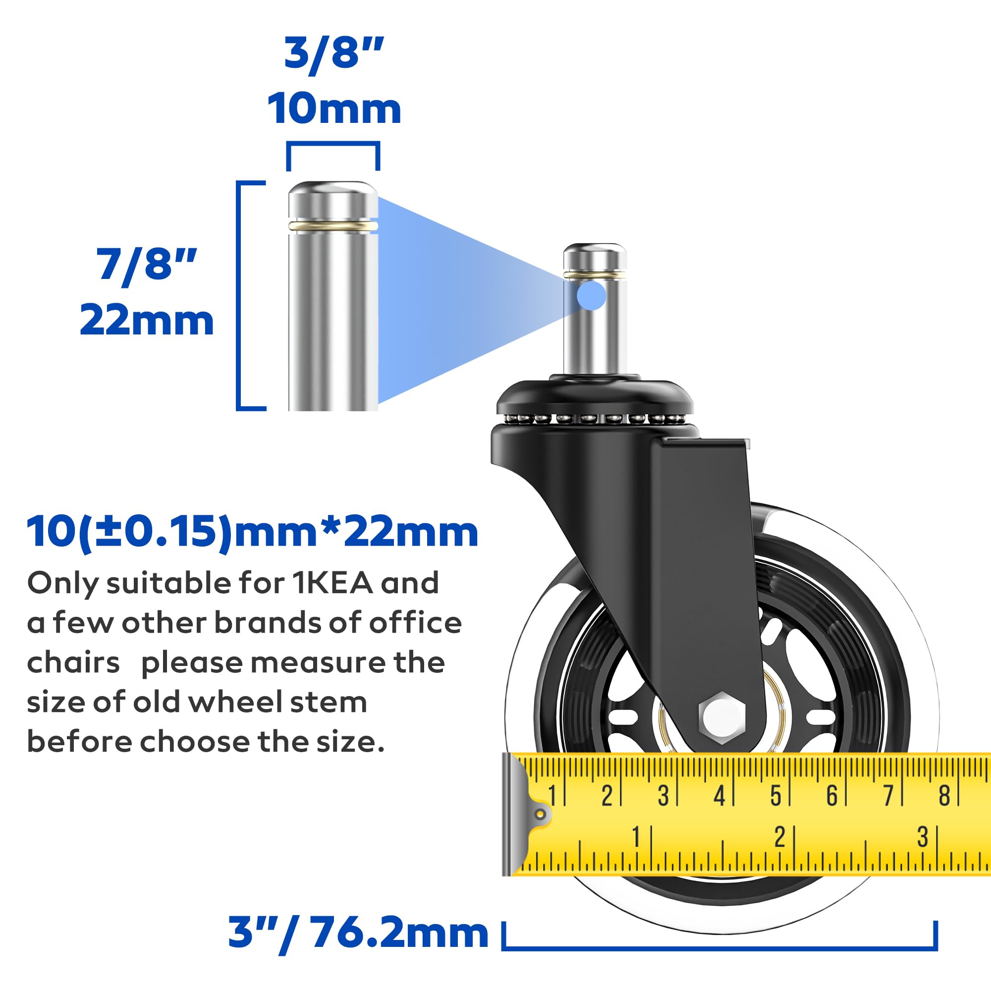 WEWILL Office Chair Caster Wheels 3" Rubber Replacement Chair Casters Up to 300KG Load Capacity Best Protection for Your Hardwood Floors and Carpet（10MM*22MM)）