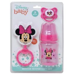 cudlie disney baby girl minnie mouse bottle, rattle & pacifer set