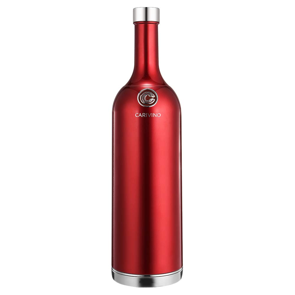 Carivino - All-in-One Insulated Wine Bottle with Built-In Wine Aerator. Includes Ceramic Coated Vacuum Insulation with 2 Tritan Wine Glasses & Corkscrew. Unique Wine Gift, 750mL, Metallic Tramonto Red