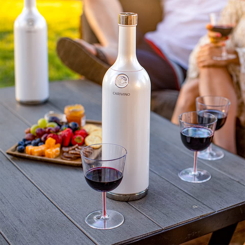 Carivino - All-in-One Insulated Wine Bottle with Built-In Wine Aerator. Includes Ceramic Coated Vacuum Insulation with 2 Tritan Wine Glasses & Corkscrew. Unique Wine Gift, 750mL, Metallic Tramonto Red