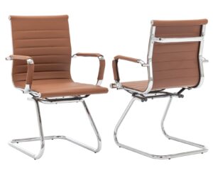 guyou office reception guest chair mid back pu leather metal leg sled base conference reception room chairs with arms (coffee, 2 pcs)
