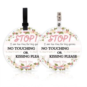 no touching newborn baby car set sign or stroller tag, do not touch baby sign for baby girl, baby preemie no touch safety sign with hanging straps and clip (2 pack set)