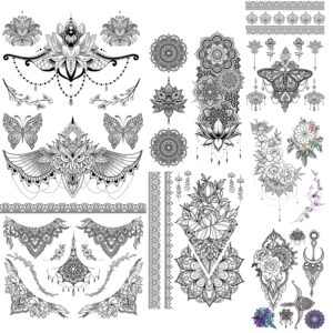 glaryyears black lace temporary tattoo for women girls, 60+ patterns 8 pack fake mandara flowers tattoos stickers, sexy on body underboob arm chest shoulder thigh abdomen waist for beach party