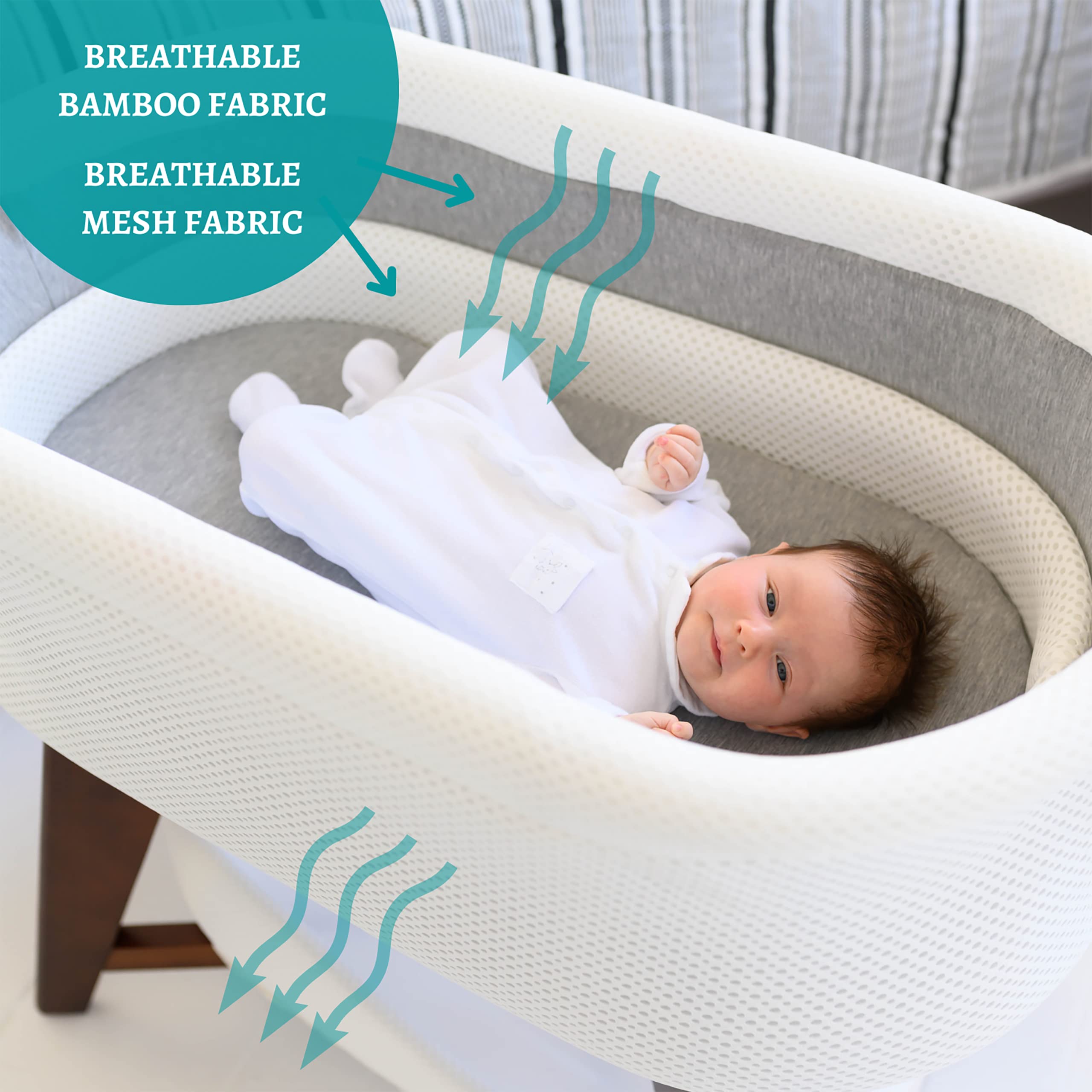 TruBliss Evi Smart Baby Bassinet - Beside Sleeper with Auto-Glide & Sensory Sounds, Compatible with Alexa and Google Home - Includes 2 Bamboo Sheets (Soft White W/Natural Legs)