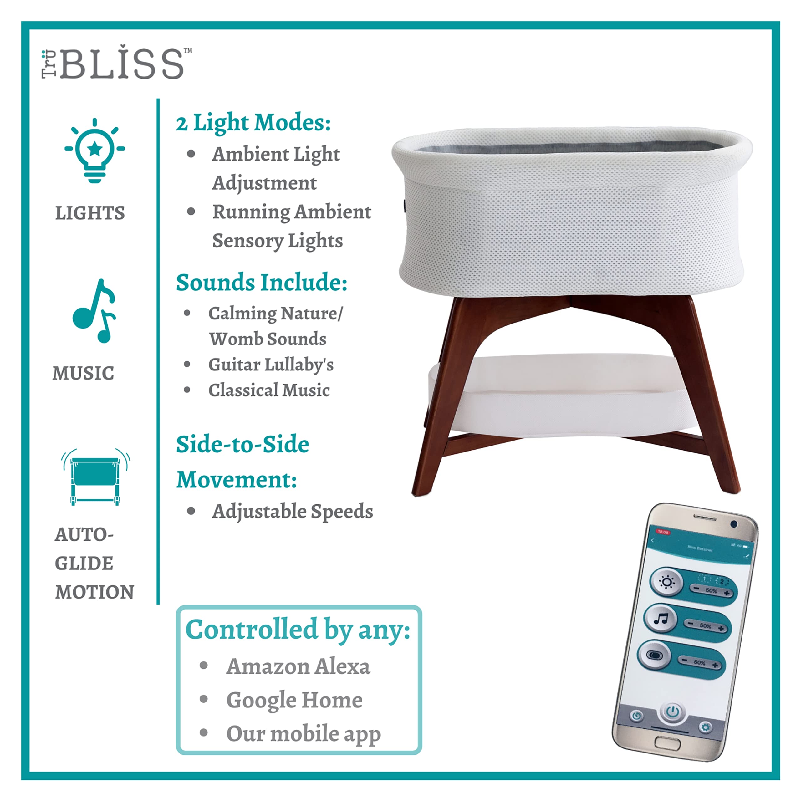 TruBliss Evi Smart Baby Bassinet - Beside Sleeper with Auto-Glide & Sensory Sounds, Compatible with Alexa and Google Home - Includes 2 Bamboo Sheets (Soft White W/Natural Legs)