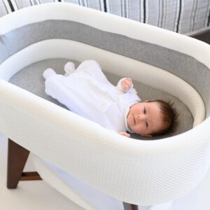 TruBliss Evi Smart Baby Bassinet - Beside Sleeper with Auto-Glide & Sensory Sounds, Compatible with Alexa and Google Home - Includes 2 Bamboo Sheets (Soft White W/Natural Legs)