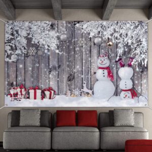 Fabric Wood Winter Snowman Backdrop for Photography - Merry Christmas New Year Party Photography Props, 72.8 x 43.3 Inch