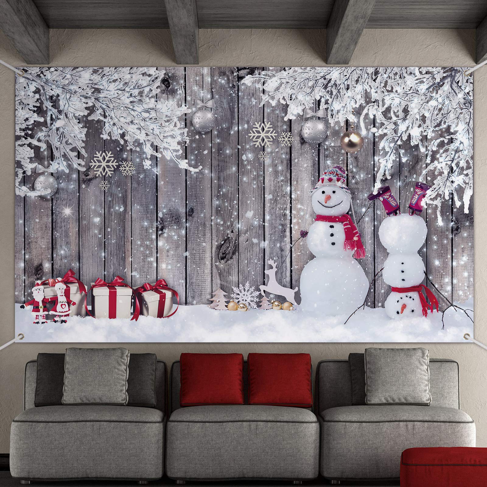 Fabric Wood Winter Snowman Backdrop for Photography - Merry Christmas New Year Party Photography Props, 72.8 x 43.3 Inch