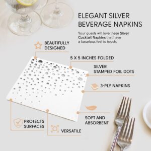 Stylish 5x5 Inch Silver Napkins - 100 Pack of White and Silver Cocktail Napkins - Disposable 3 Ply Beverage Napkins or Dessert Napkins - White Party Napkins for Wedding Napkins for Reception…