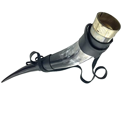 Genuine Handcrafted 18oz, Natural Viking Drinking Horn with Leather Shoulder Strap for Beer Wine Ale and Mead Champagne (Leather starp)