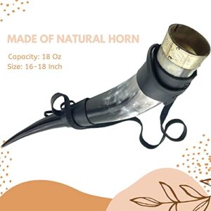 Genuine Handcrafted 18oz, Natural Viking Drinking Horn with Leather Shoulder Strap for Beer Wine Ale and Mead Champagne (Leather starp)