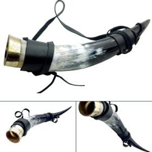 Genuine Handcrafted 18oz, Natural Viking Drinking Horn with Leather Shoulder Strap for Beer Wine Ale and Mead Champagne (Leather starp)