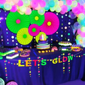 31 Pieces Glow Neon Party Supplies UV Reactive Set Fluorescent Hanging Paper Fans Black Light Glow Balloons Neon Paper Fans and Balloons Party Decorations for Glow Parties Birthdays Weddings