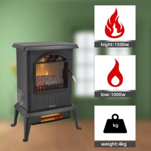 ROVSUN 22.4”H Electric Fireplace Stove w/Realistic Flame Effect, Infrared Quarts Freestanding Heater for Indoor, w/Overheat & Tip-Over Protection, 2 Heat Settings 1000W/1500W, ETL Certified, Black